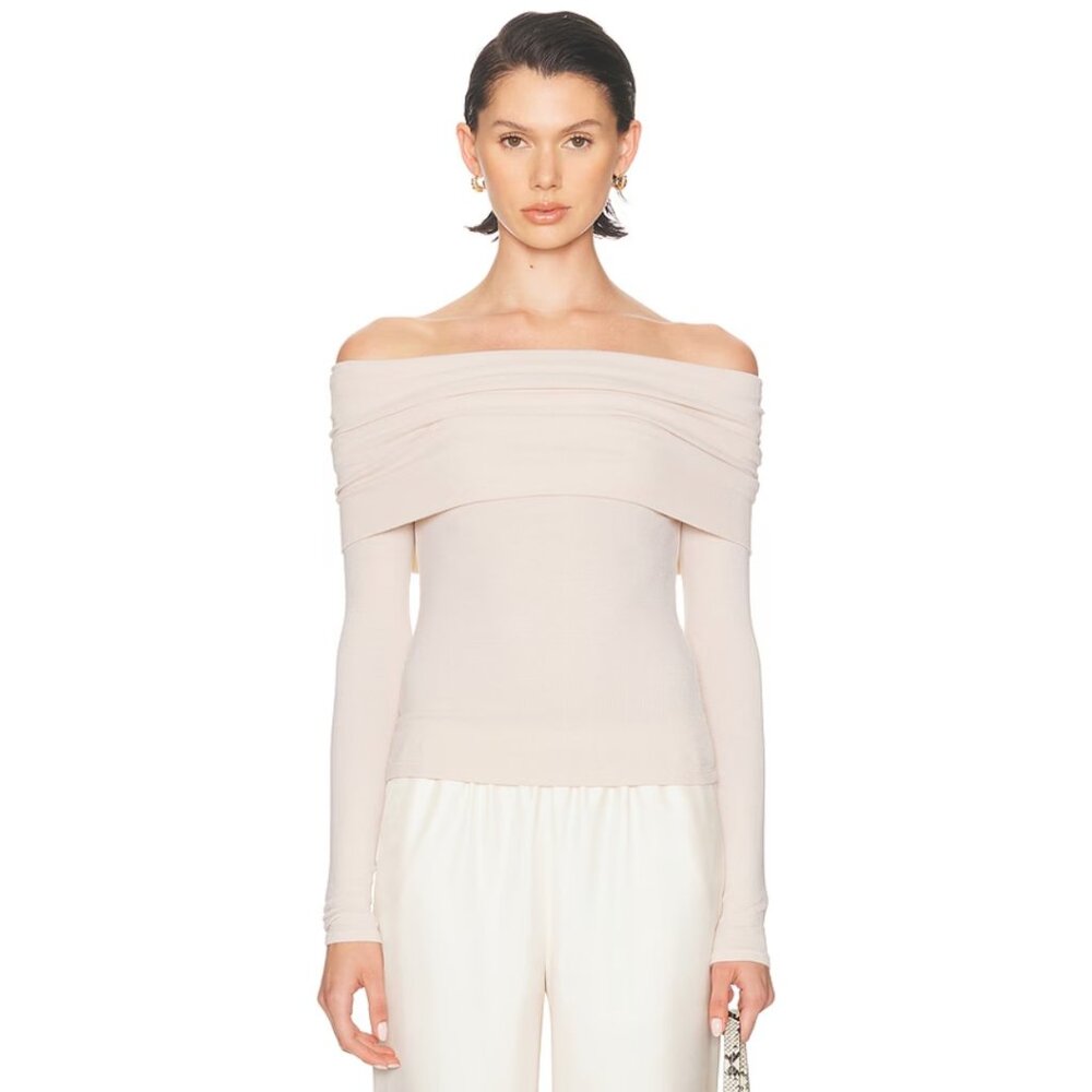 Enza Costa Off-the-Shoulder Sweater in Light Beige
